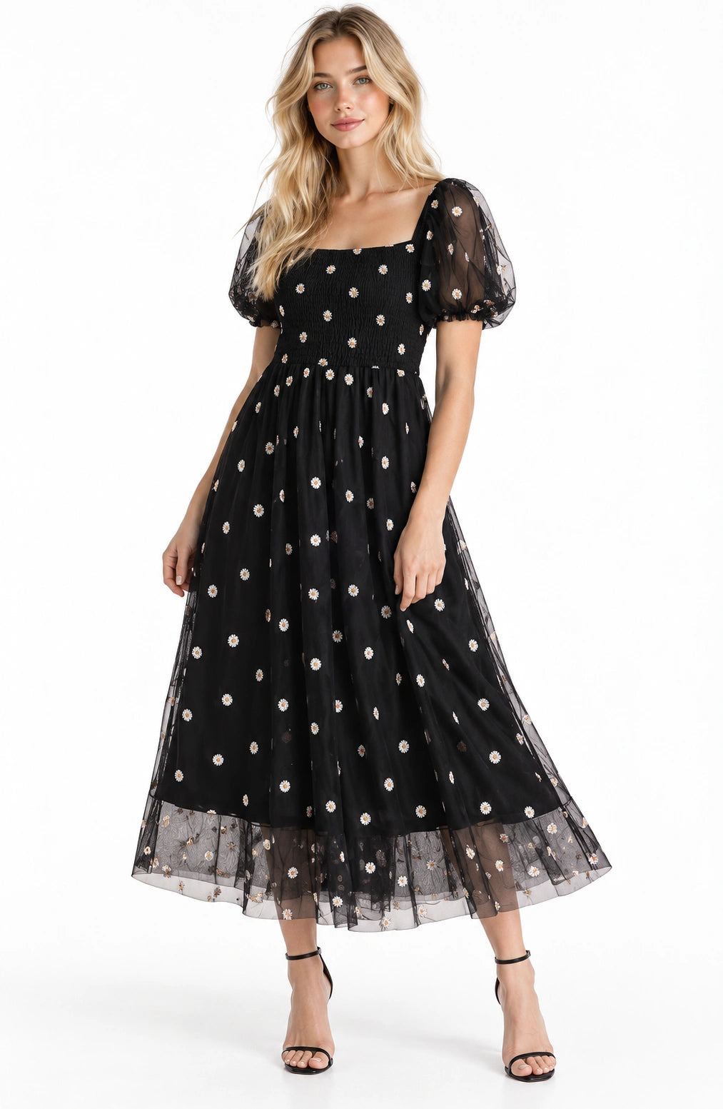 Jovera Joyce Celestine Noir Embroidered Mesh Puff Sleeve Dress