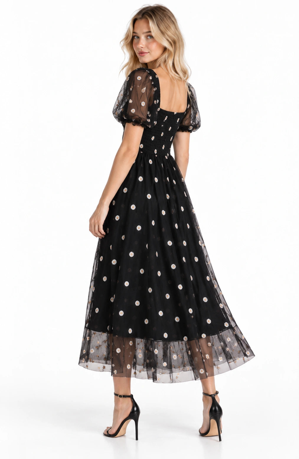 Jovera Joyce Celestine Noir Embroidered Mesh Puff Sleeve Dress