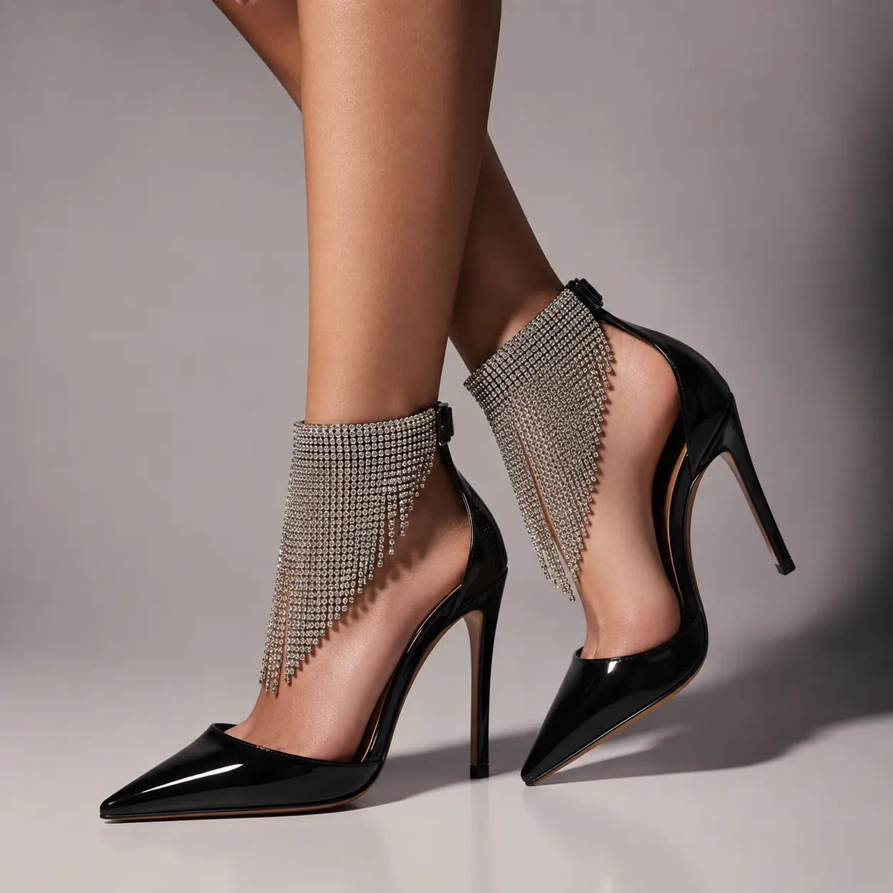 2026 New Open-toe Pointed Toe Patent Leather Rhinestone Tassel Hollow Zipper Sandals, Sexy Elegant Thin Heel High Heels For Women Jovera Joyce