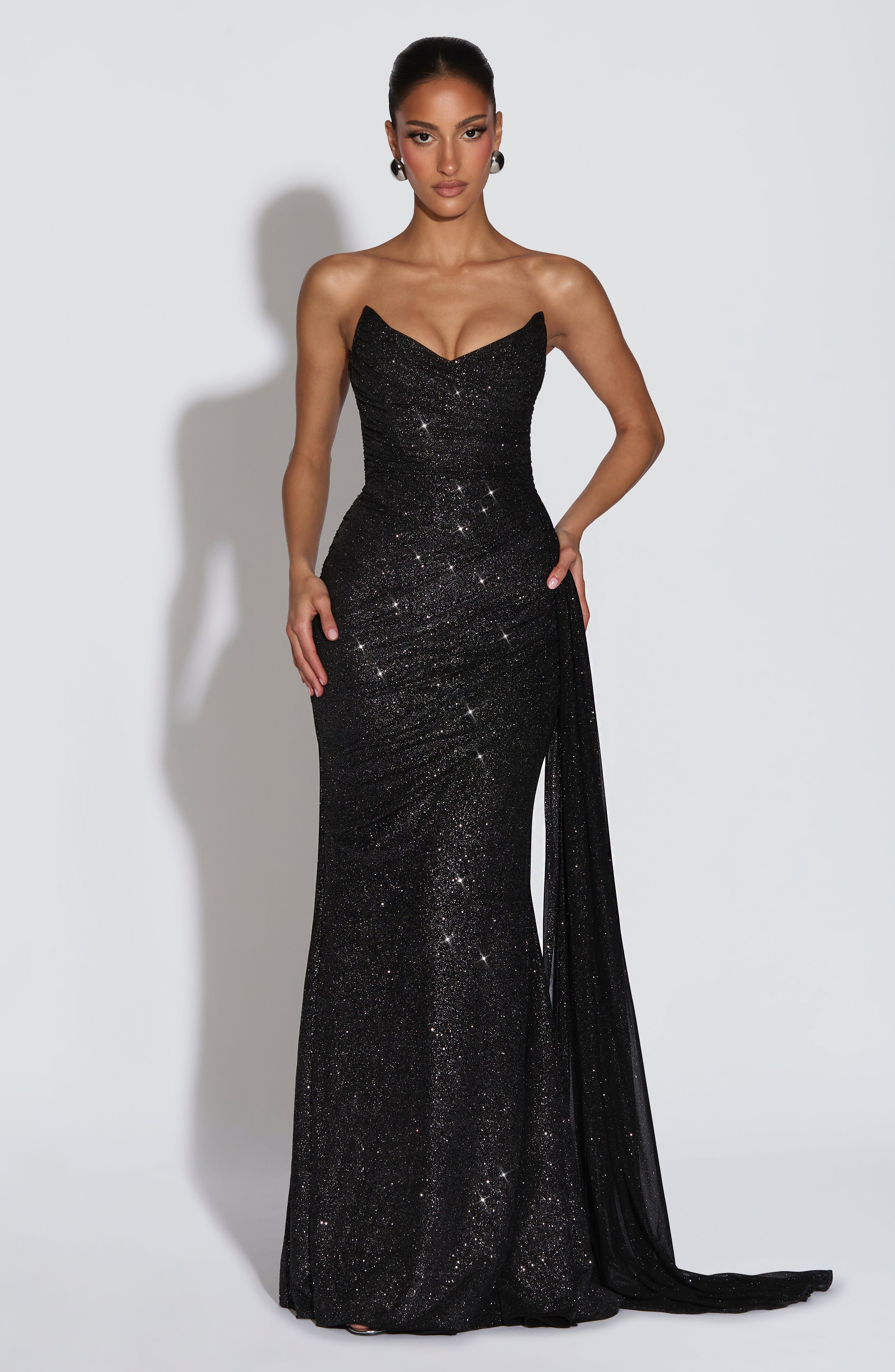 European And American-style Shimmering Strapless Waist-cinching Maxi Evening Gown With Crisscross Detailing Jovera Joyce