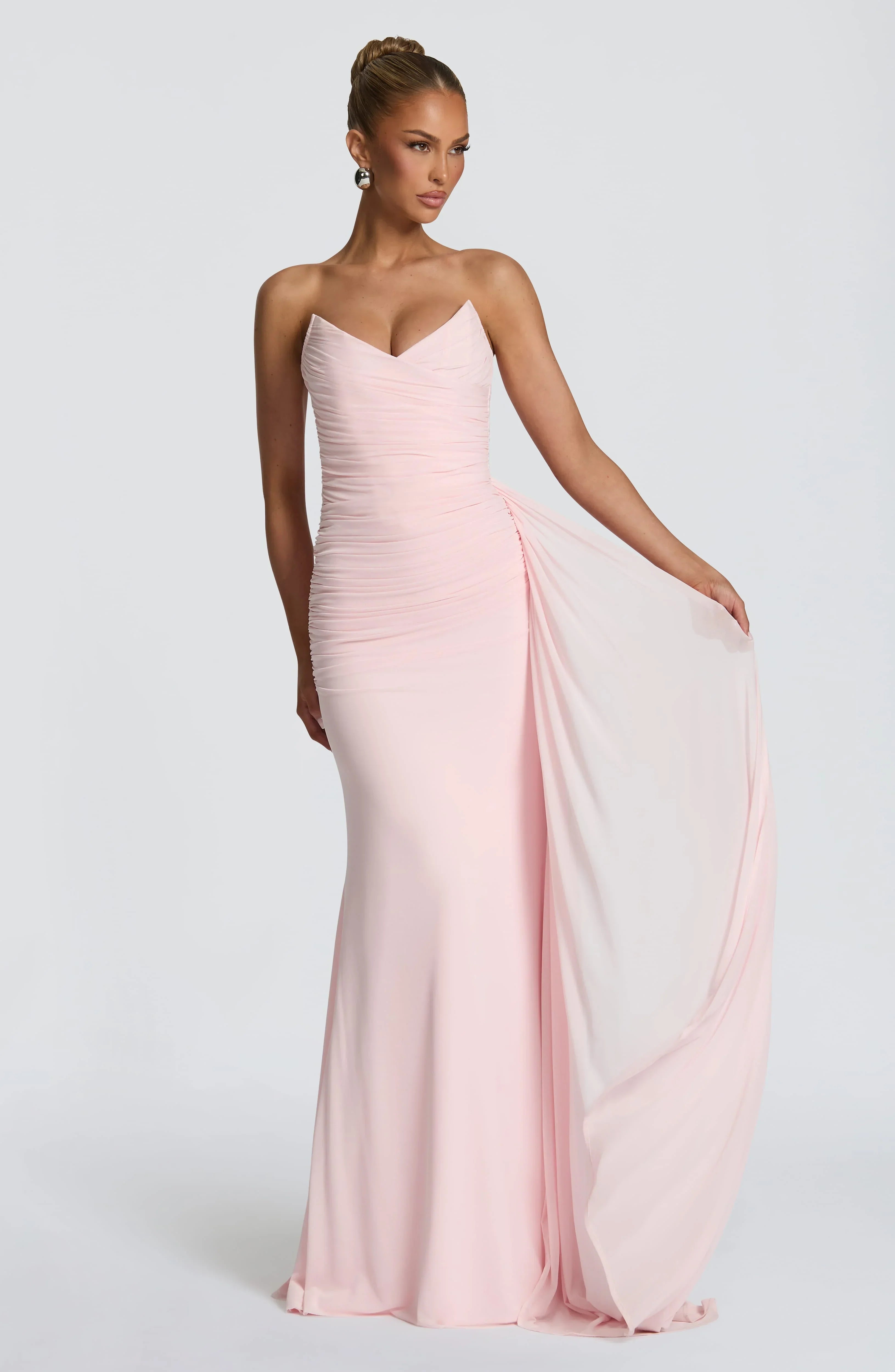 European And American-style Shimmering Strapless Waist-cinching Maxi Evening Gown With Crisscross Detailing Jovera Joyce