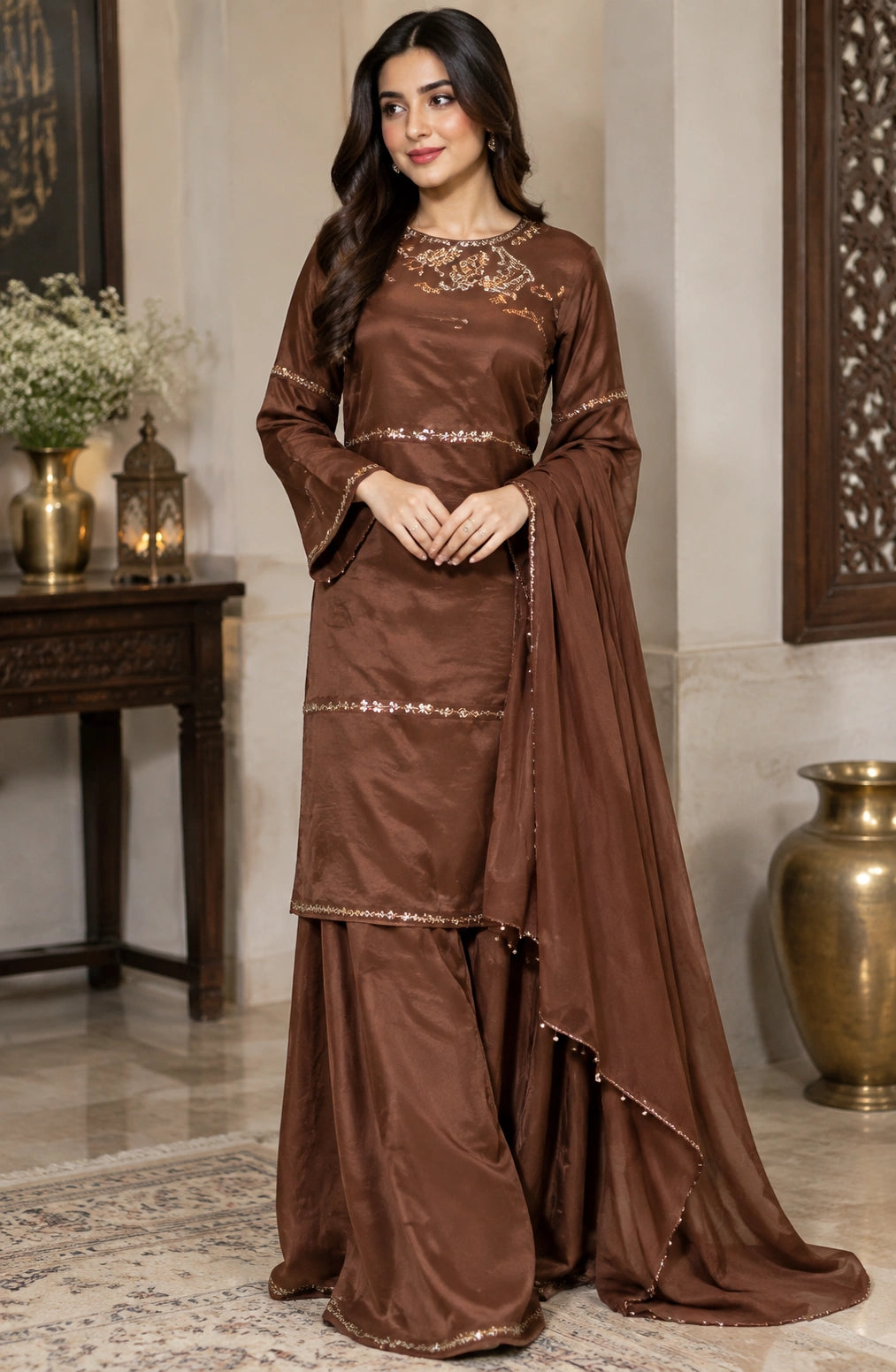 Jovera Joyce Mocha Royale Embroidered Sharara Ensemble