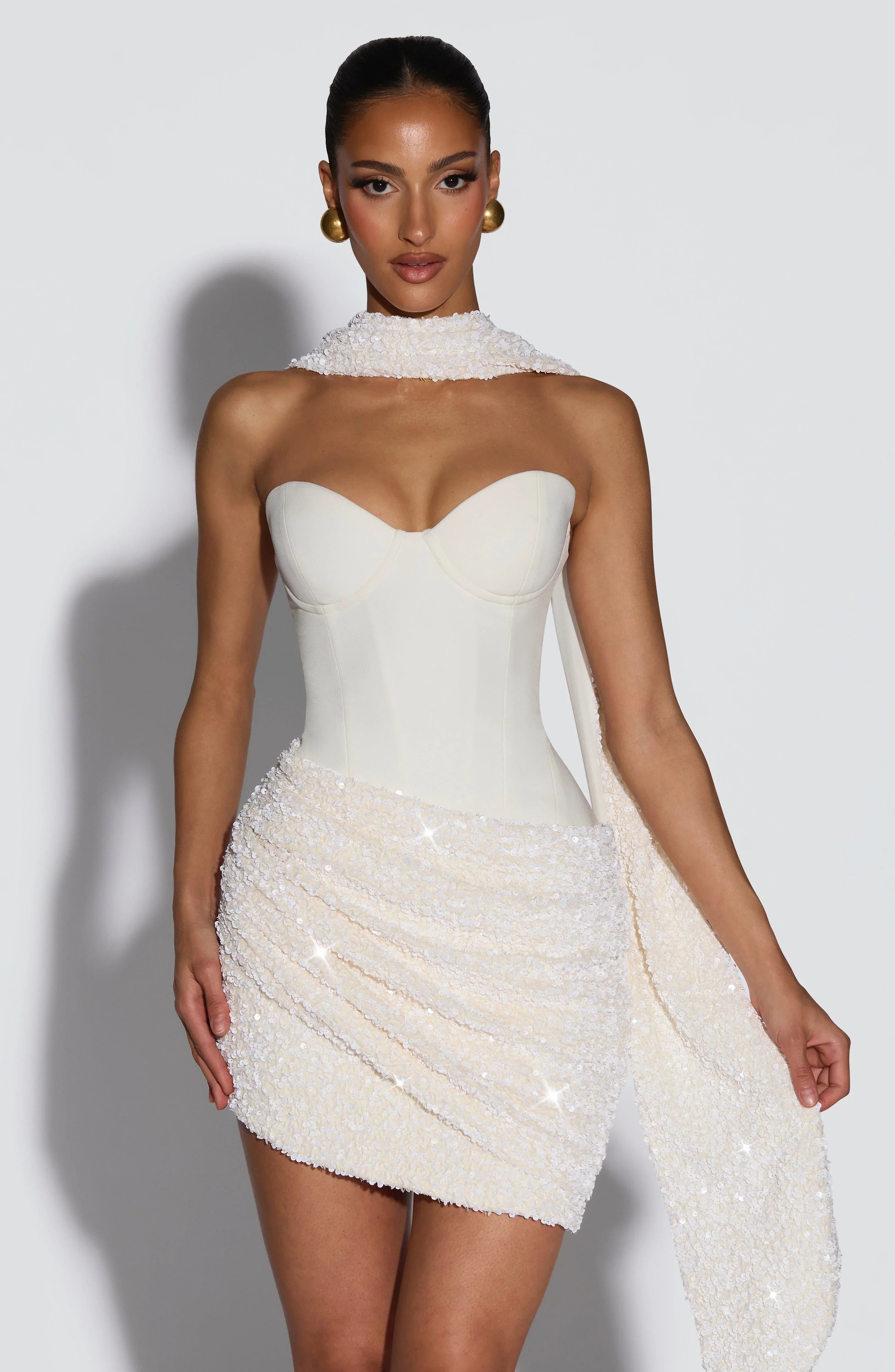 Asymmetrical Pleated Draped Mini Dress With A Neck-tie Ribbon Jovera Joyce