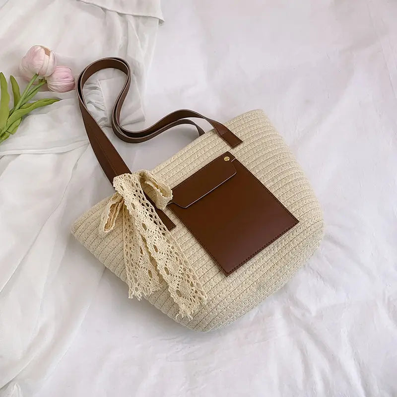 Summer Straw Tote Bag with Brown Leather Trim