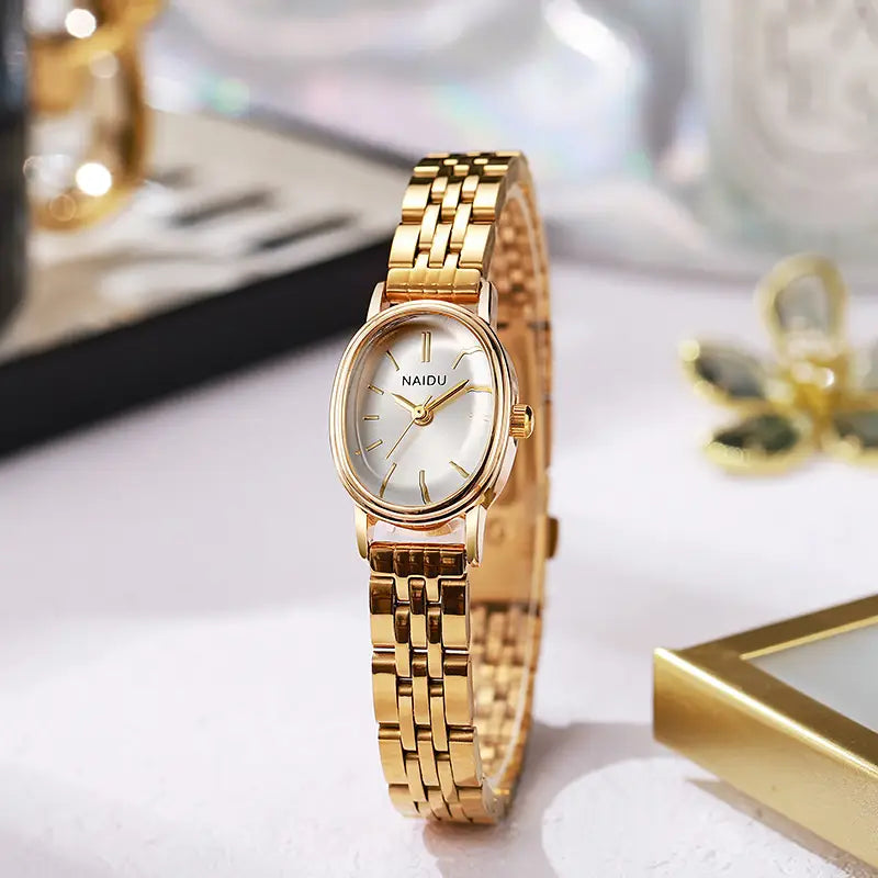 New Naidu Oval Dial Steel Strap Women's Watch, Niche Women's Watch with Studs, High-End Light Luxury Quartz Watch