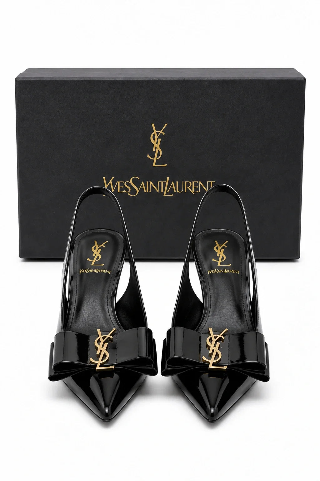 YSL Éclat Noir Bow Slingback Heels by Jovera Joyce