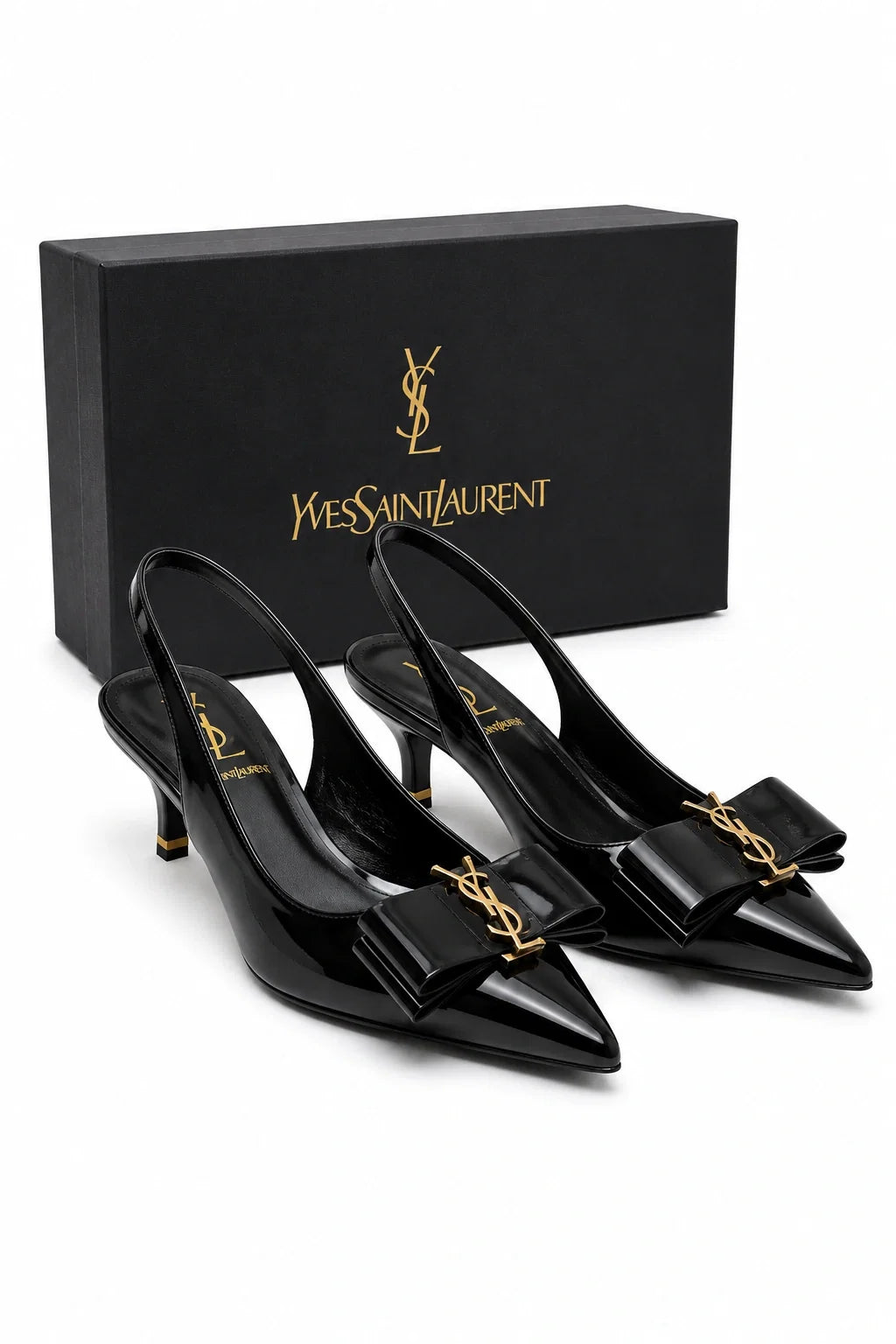 YSL Éclat Noir Bow Slingback Heels by Jovera Joyce
