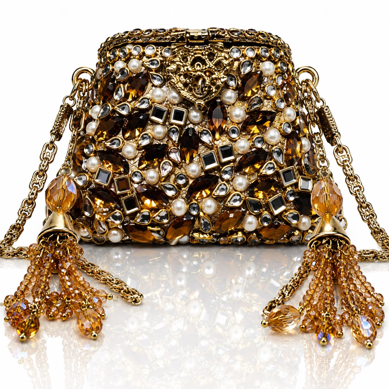 Jovera Joyce Aurelia Noire Handcrafted Crystal Pearl Royale Evening Clutch