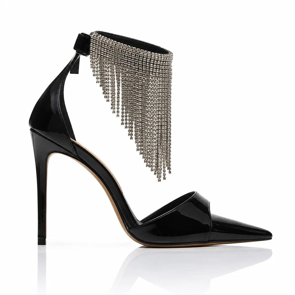 2026 New Open-toe Pointed Toe Patent Leather Rhinestone Tassel Hollow Zipper Sandals, Sexy Elegant Thin Heel High Heels For Women Jovera Joyce