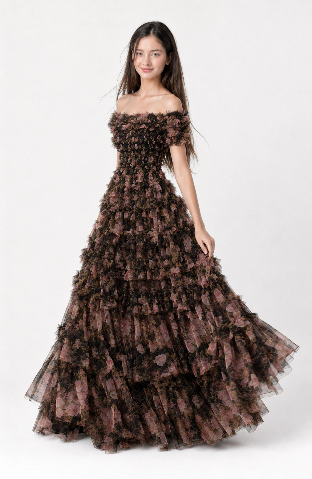 Jovera Joyce Nocturne Rosé Floral Cascade Gown