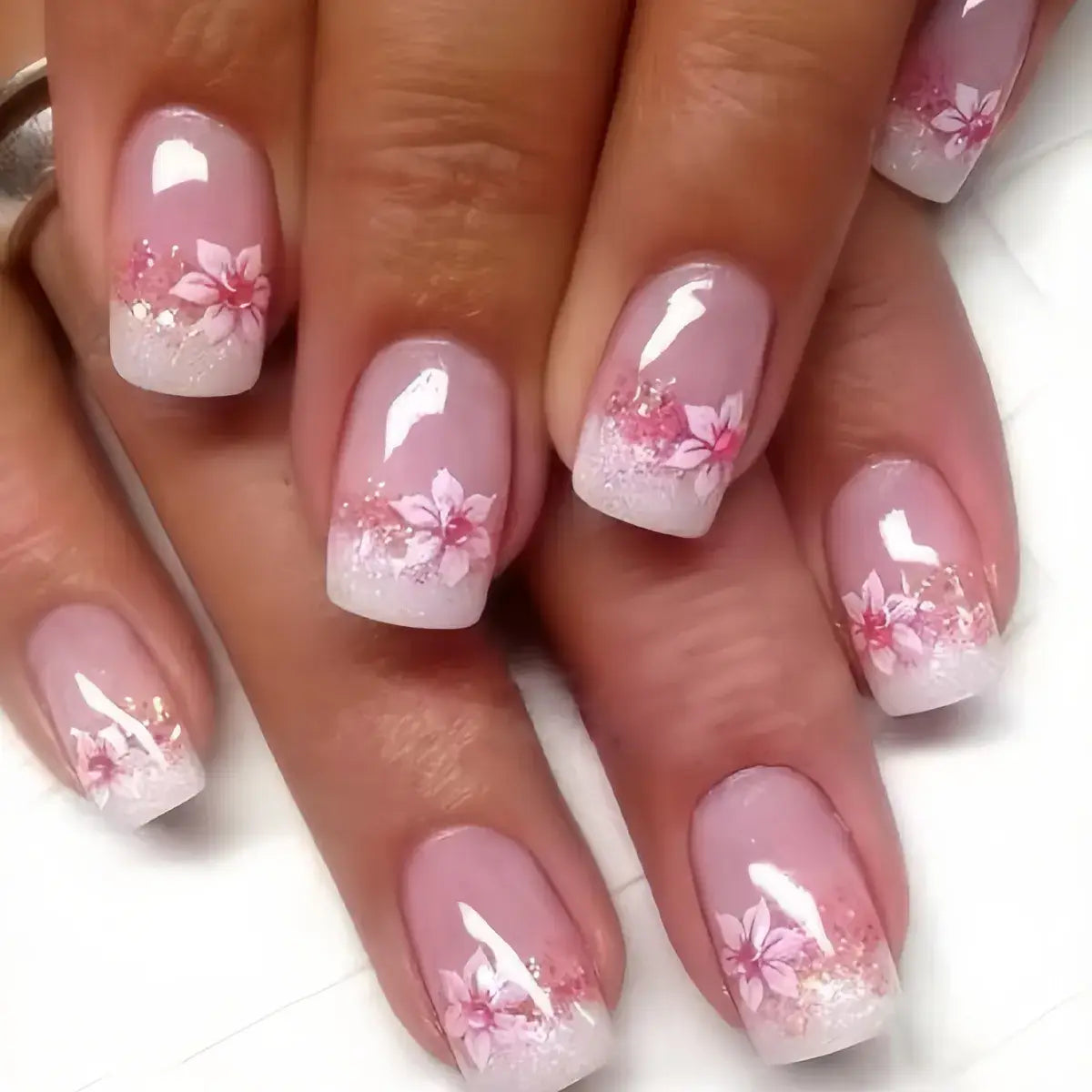 European American Square French Fake Nail Shine Rose Powder Petal Sweet Ins Wear Nails