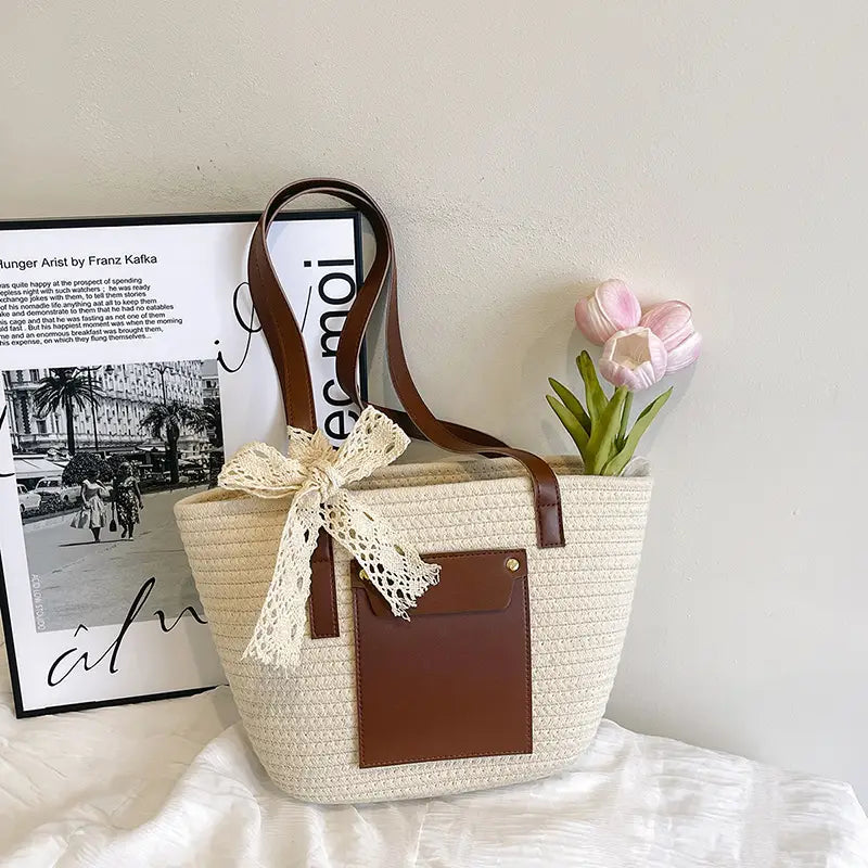 Summer Straw Tote Bag with Brown Leather Trim