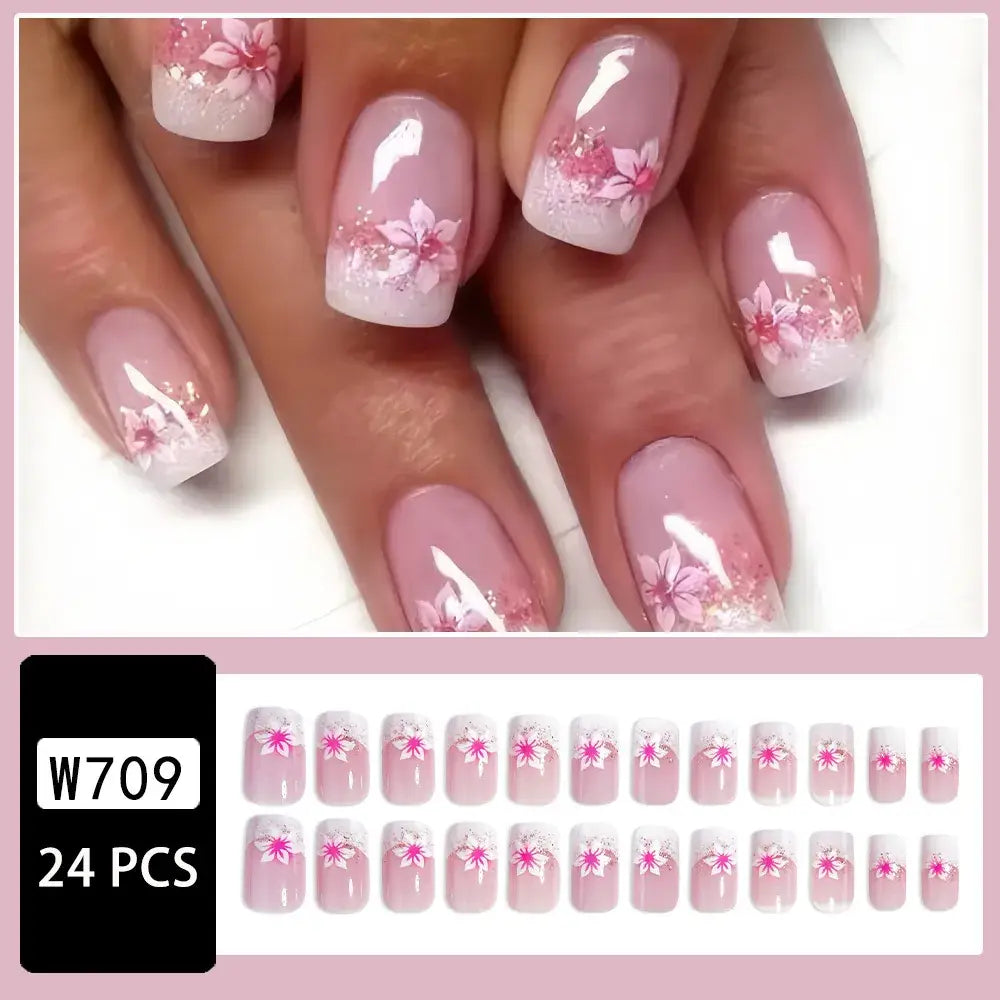 European American Square French Fake Nail Shine Rose Powder Petal Sweet Ins Wear Nails