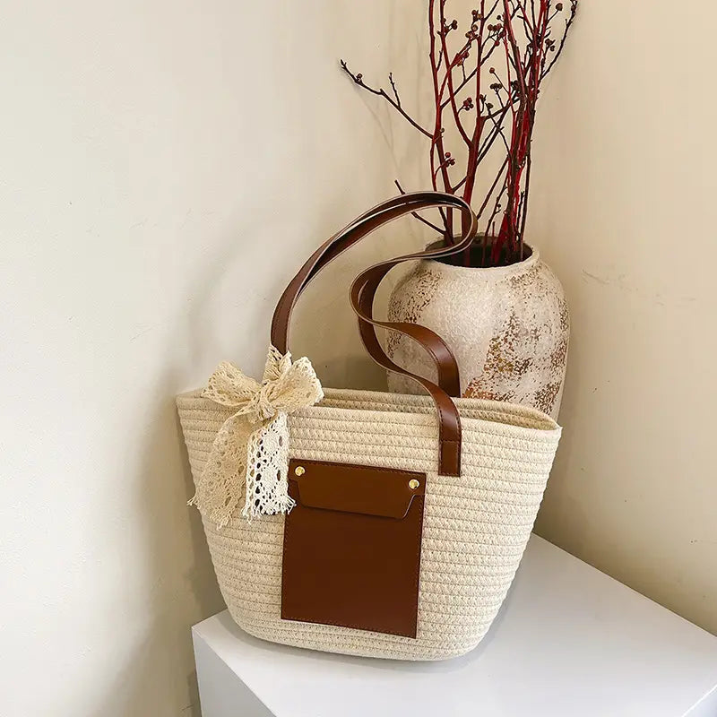 Summer Straw Tote Bag with Brown Leather Trim