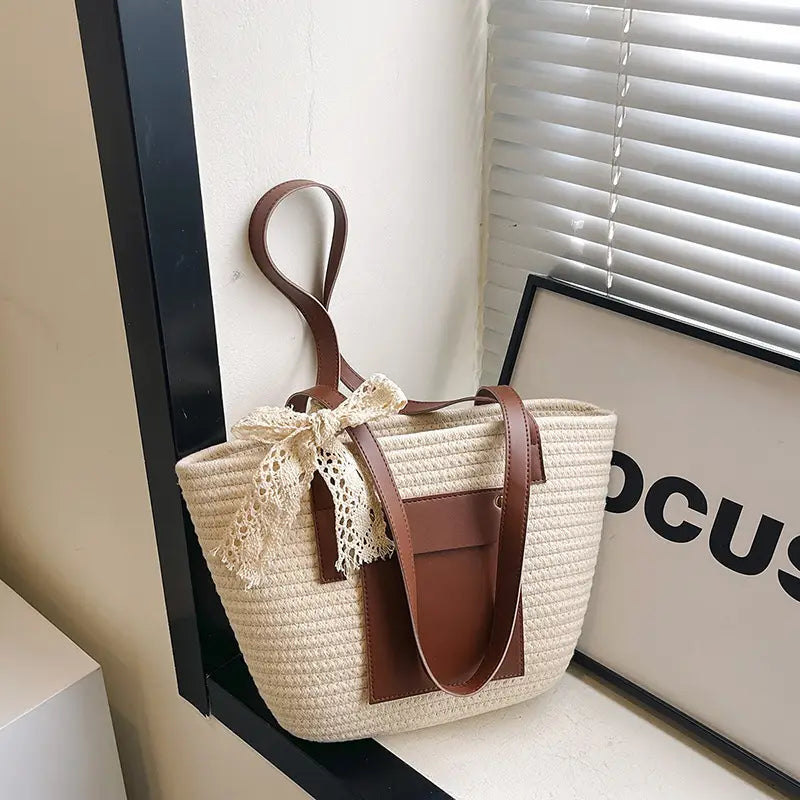Summer Straw Tote Bag with Brown Leather Trim