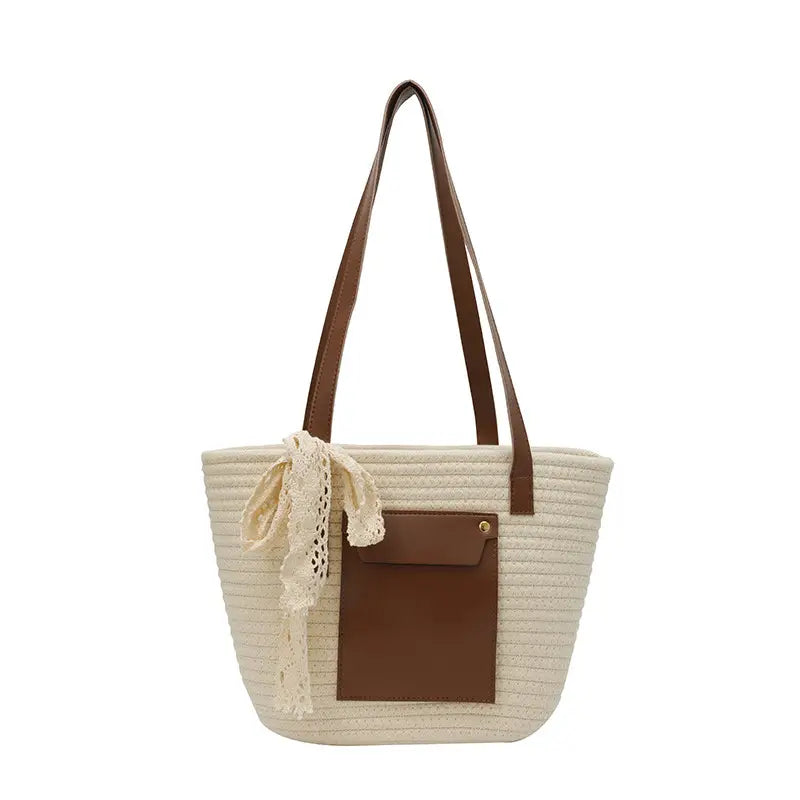 Summer Straw Tote Bag with Brown Leather Trim