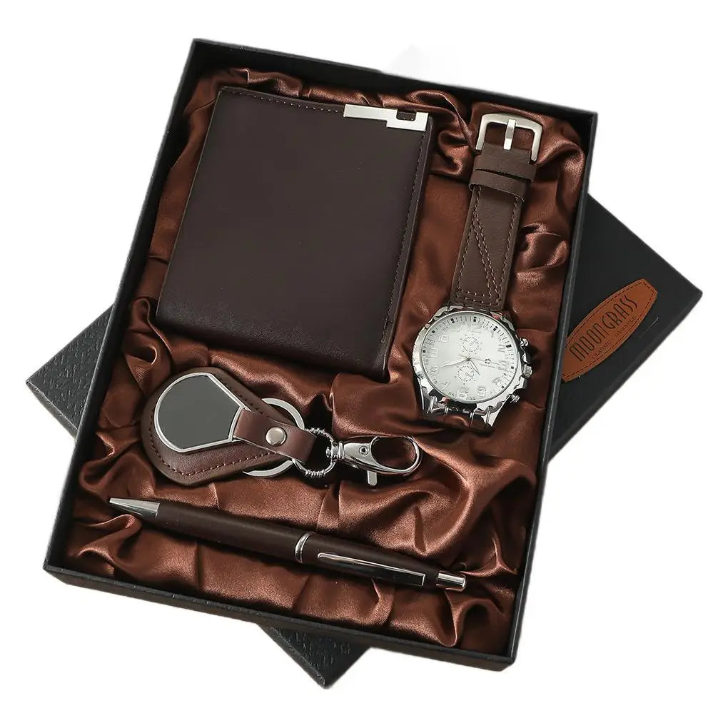 2025 Men's Brown Quartz Watch Wallet Belt Keychain Set