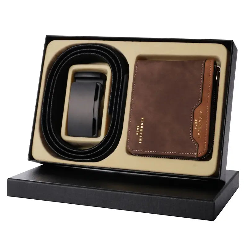 Men's Genuine Leather Belt Wallet with Automatic Buckle