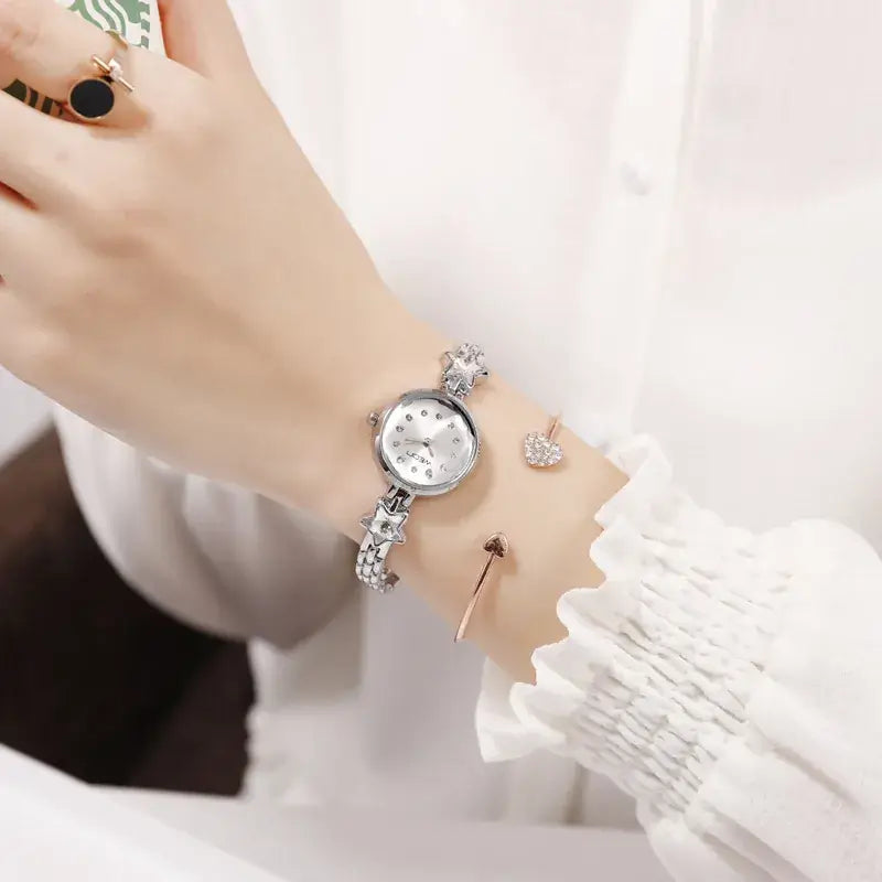 Quartz Watch Five Pointed Star Silver Bracelet for Women