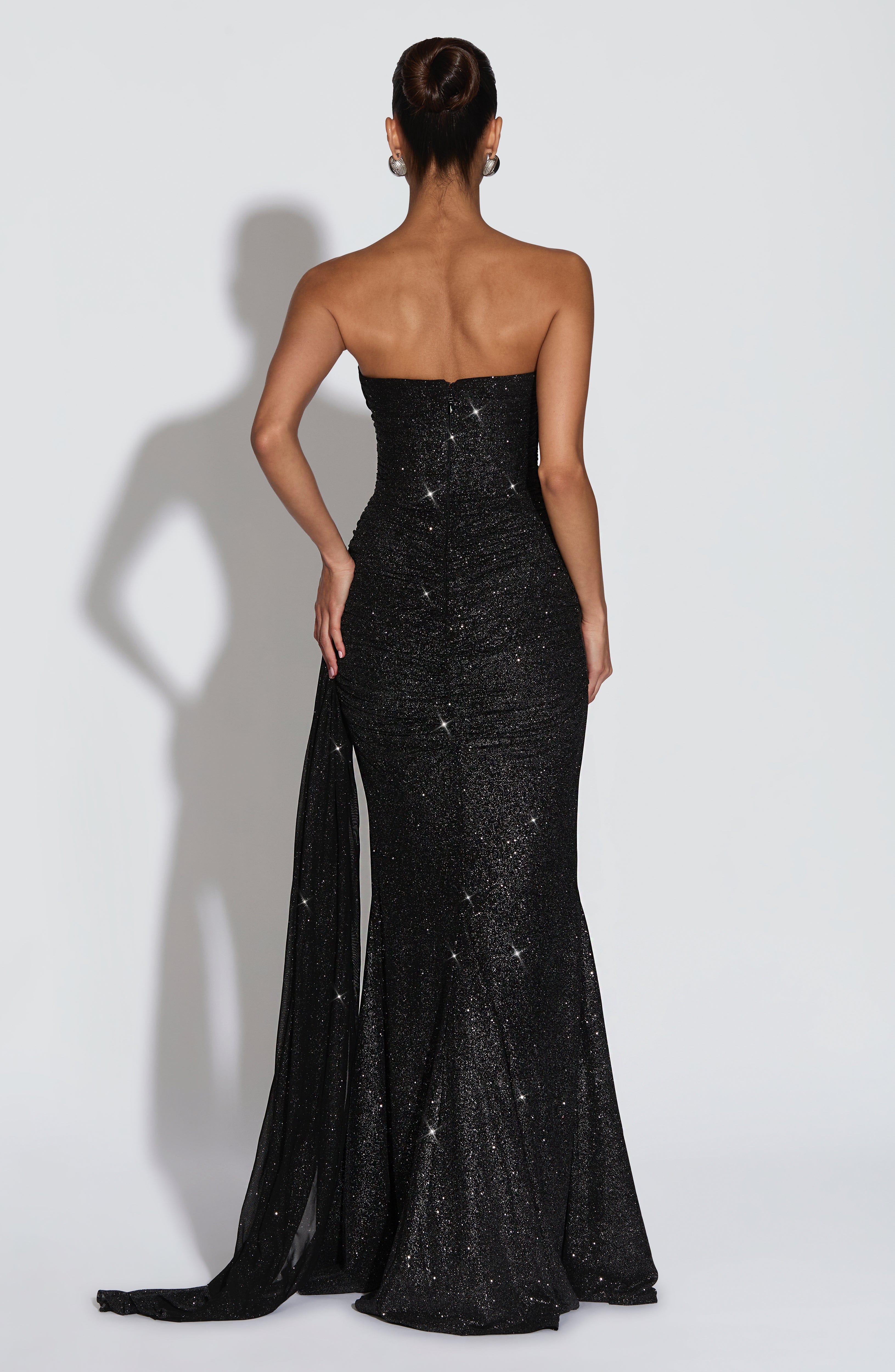 European And American-style Shimmering Strapless Waist-cinching Maxi Evening Gown With Crisscross Detailing Jovera Joyce