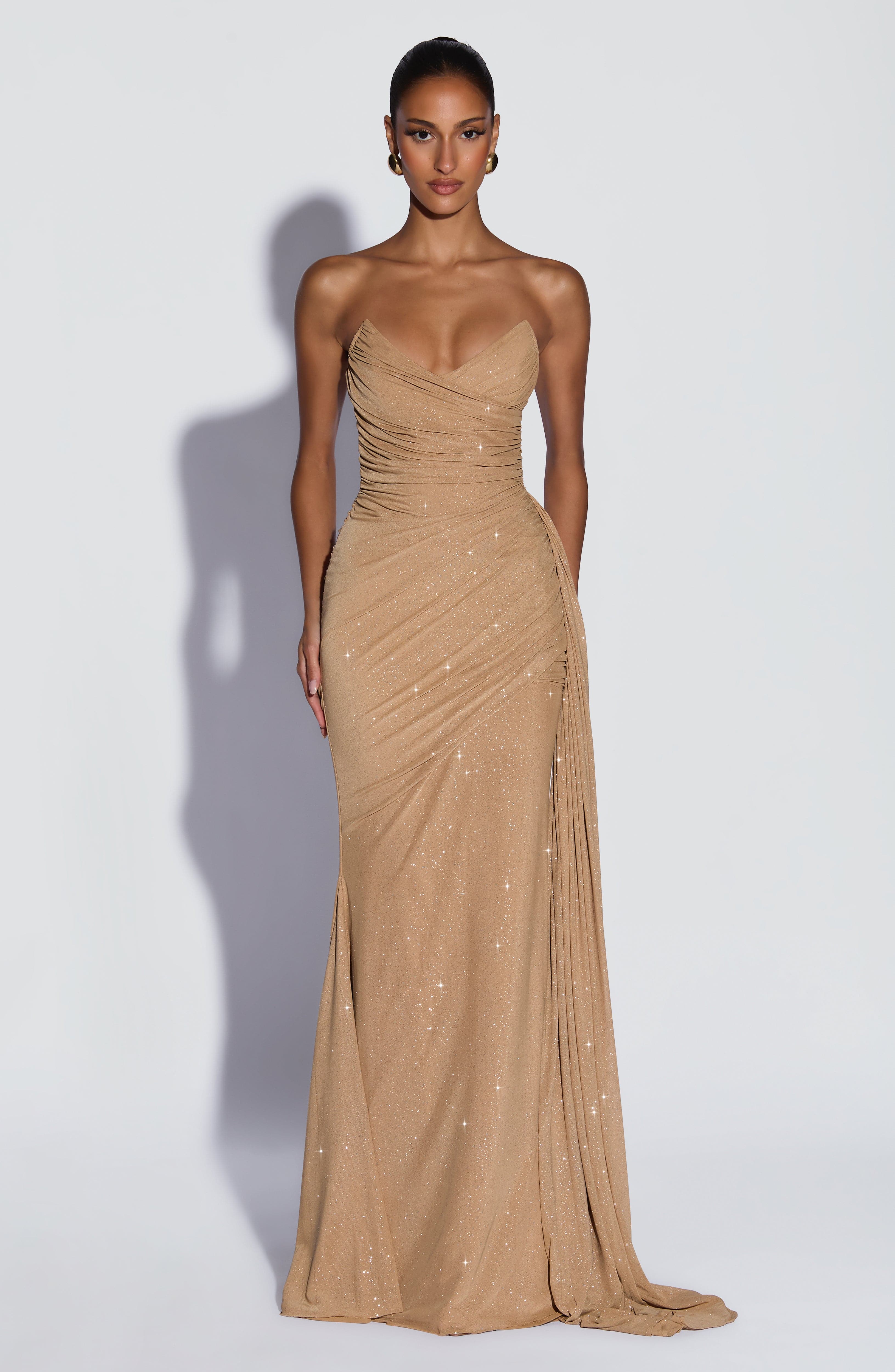 European And American-style Shimmering Strapless Waist-cinching Maxi Evening Gown With Crisscross Detailing Jovera Joyce