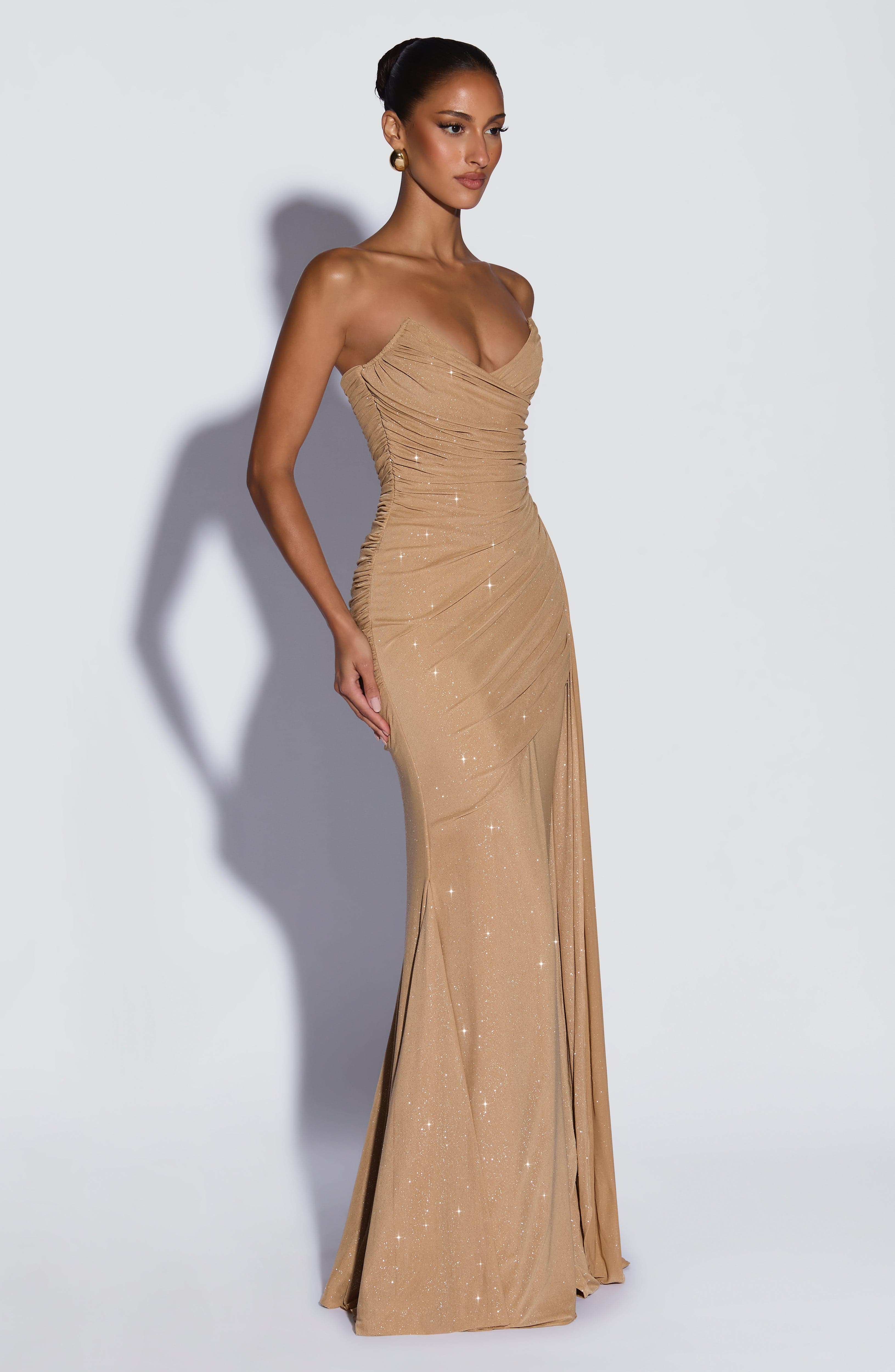 European And American-style Shimmering Strapless Waist-cinching Maxi Evening Gown With Crisscross Detailing Jovera Joyce