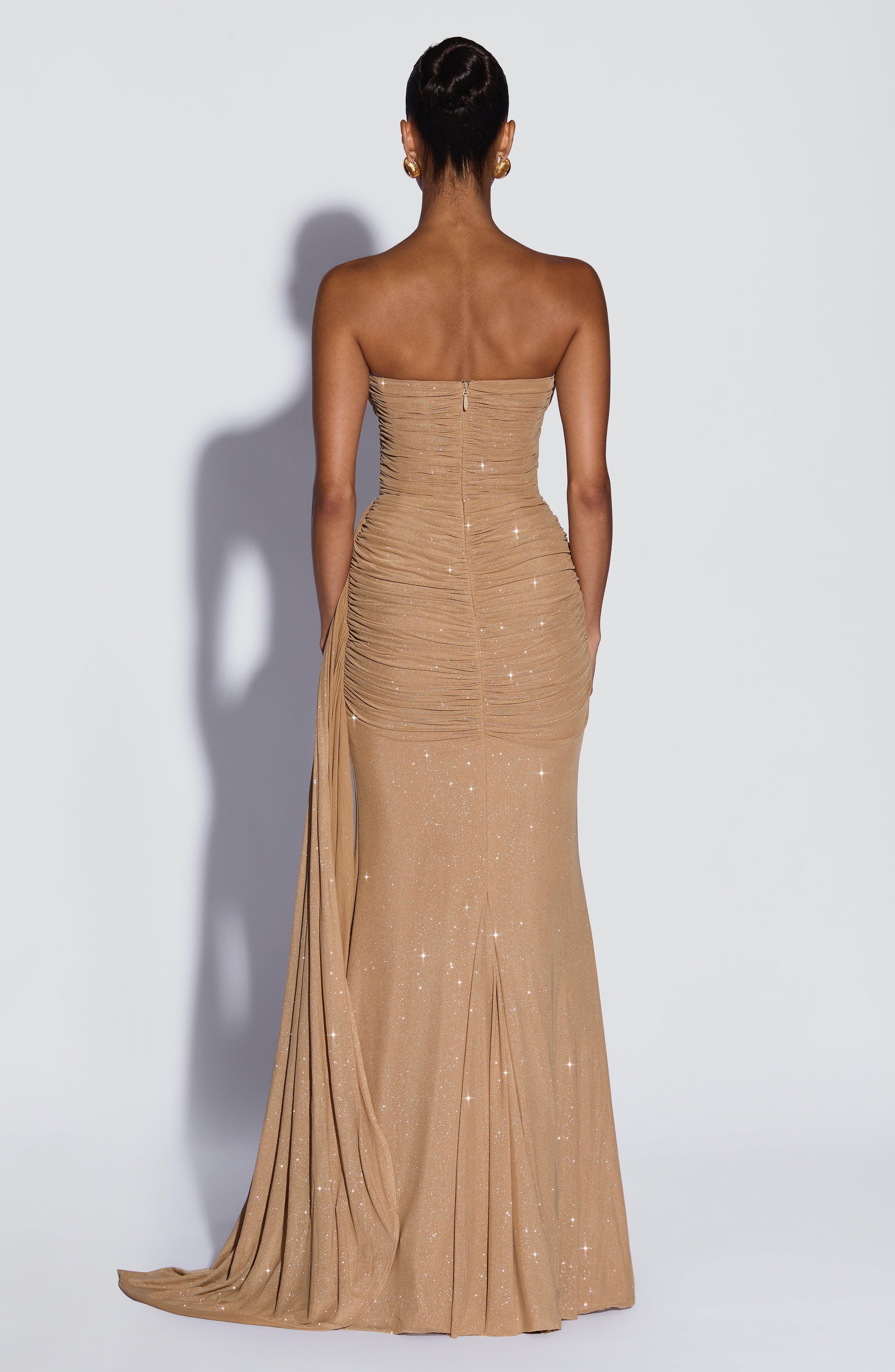 European And American-style Shimmering Strapless Waist-cinching Maxi Evening Gown With Crisscross Detailing Jovera Joyce