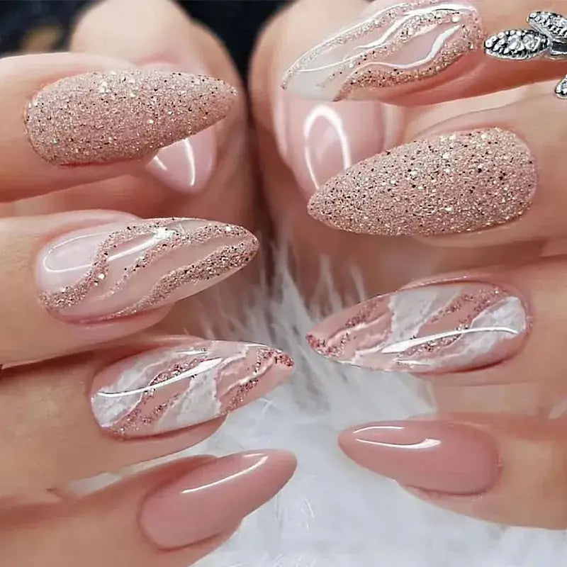 Glitter Nail Art Set of 10 Pink & Nude Fake Nails