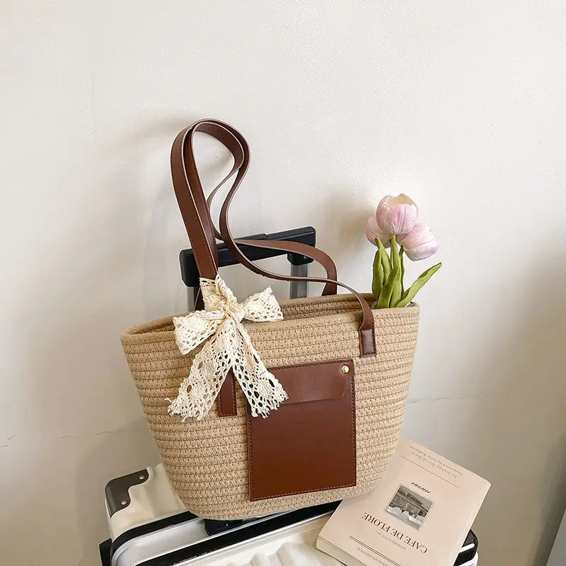 Summer Straw Tote Bag with Brown Leather Trim