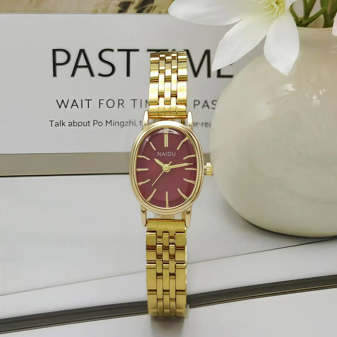 New Naidu Oval Dial Steel Strap Women's Watch, Niche Women's Watch with Studs, High-End Light Luxury Quartz Watch