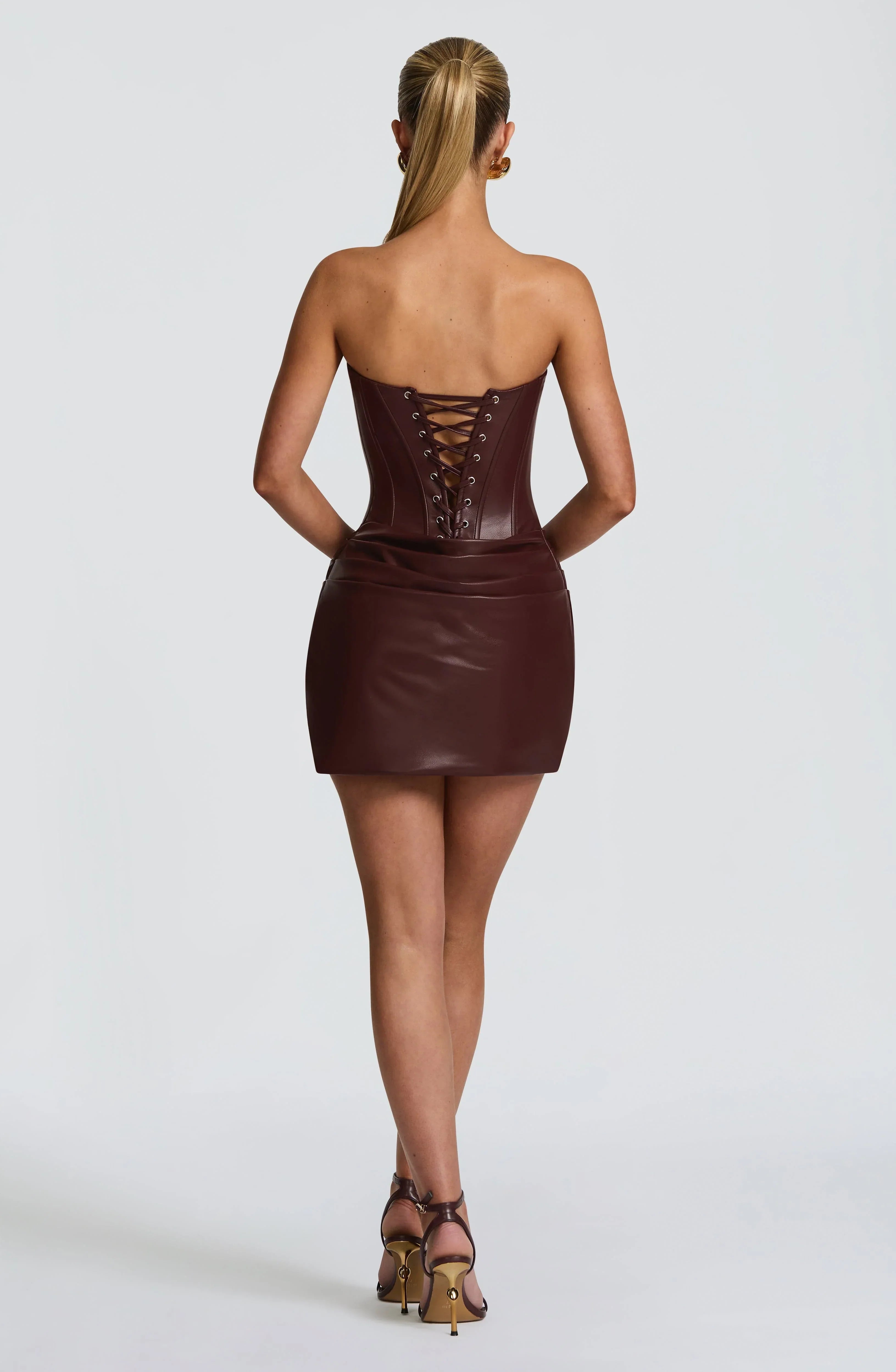 New Solid Color Sexy PU Pinch Pleated Fishbone Tube Top A- Line Dress Jovera Joyce