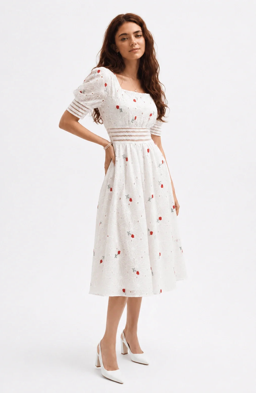 Jovera Joyce Roselle Blanc Embroidered Midi Dress