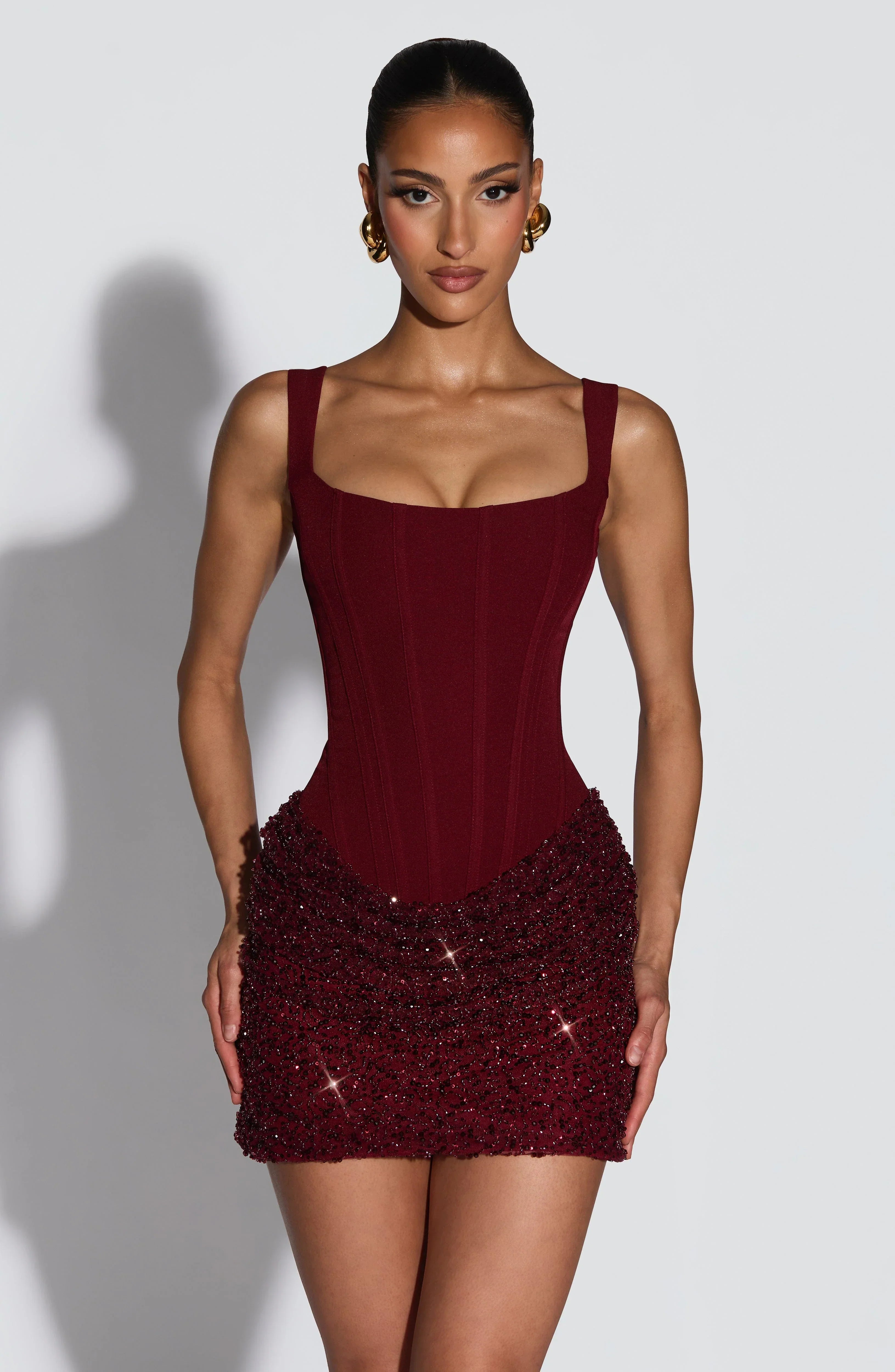 Red And Bright Patchwork Sheath Dress With A Cinched Waist Jovera Joyce