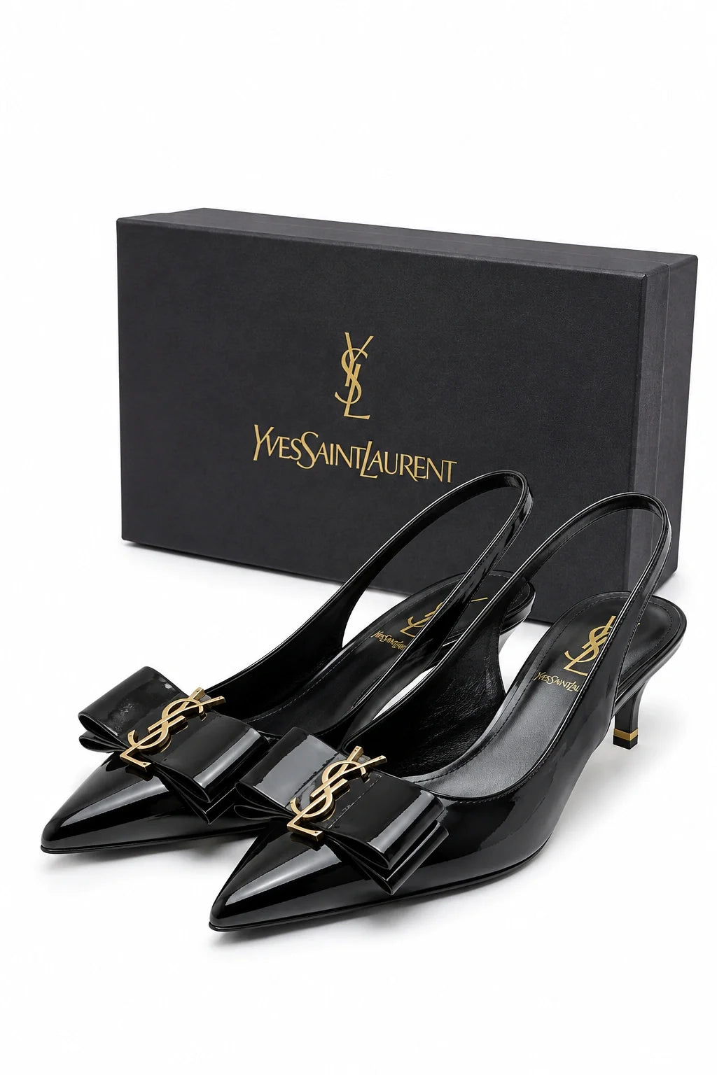 YSL Éclat Noir Bow Slingback Heels by Jovera Joyce