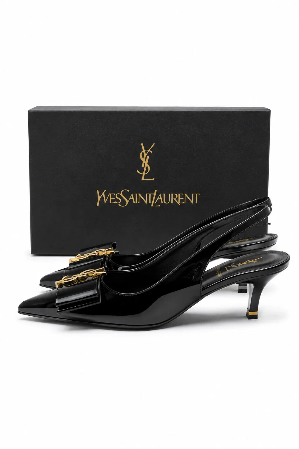 YSL Éclat Noir Bow Slingback Heels by Jovera Joyce