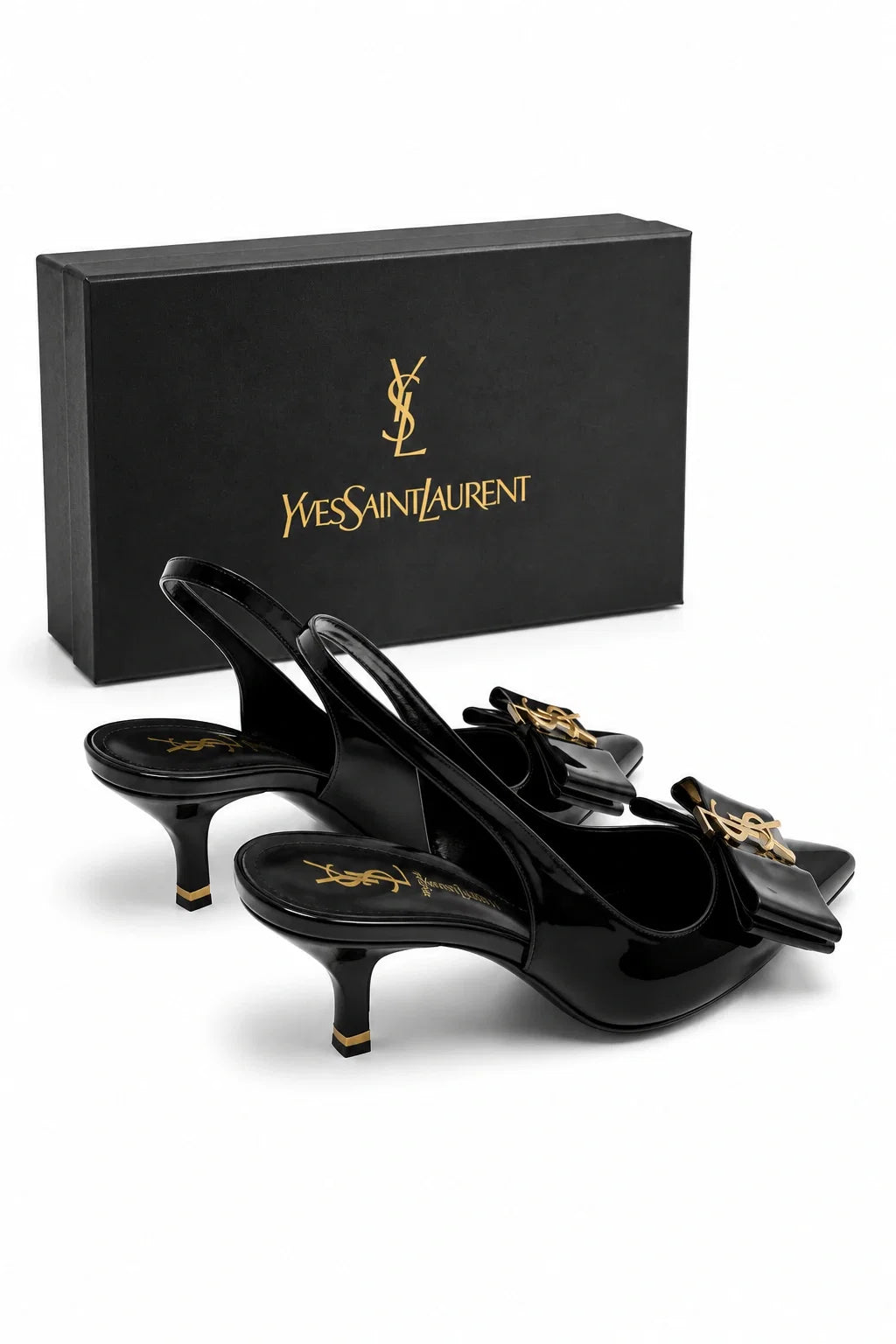YSL Éclat Noir Bow Slingback Heels by Jovera Joyce