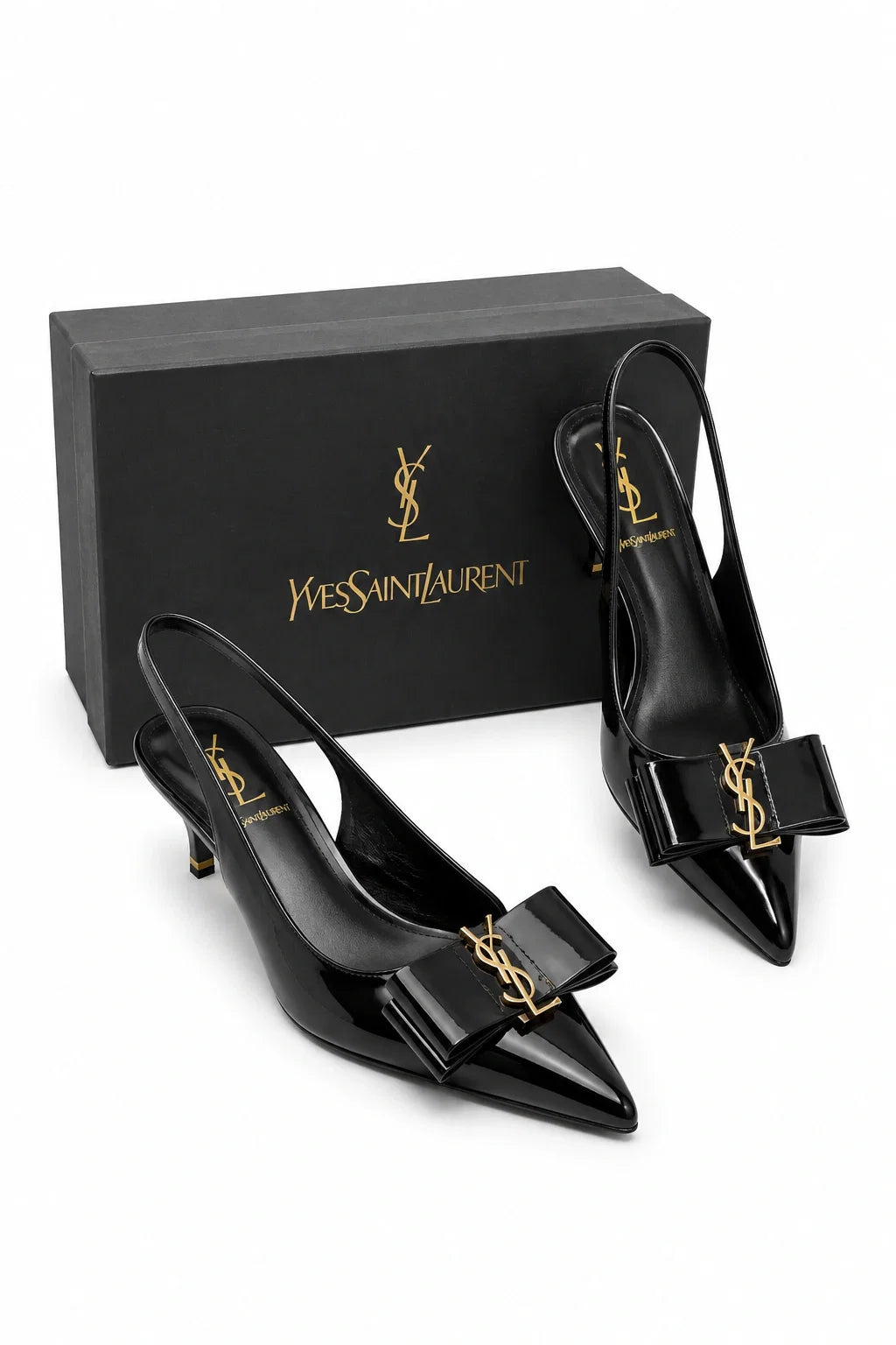 YSL Éclat Noir Bow Slingback Heels by Jovera Joyce